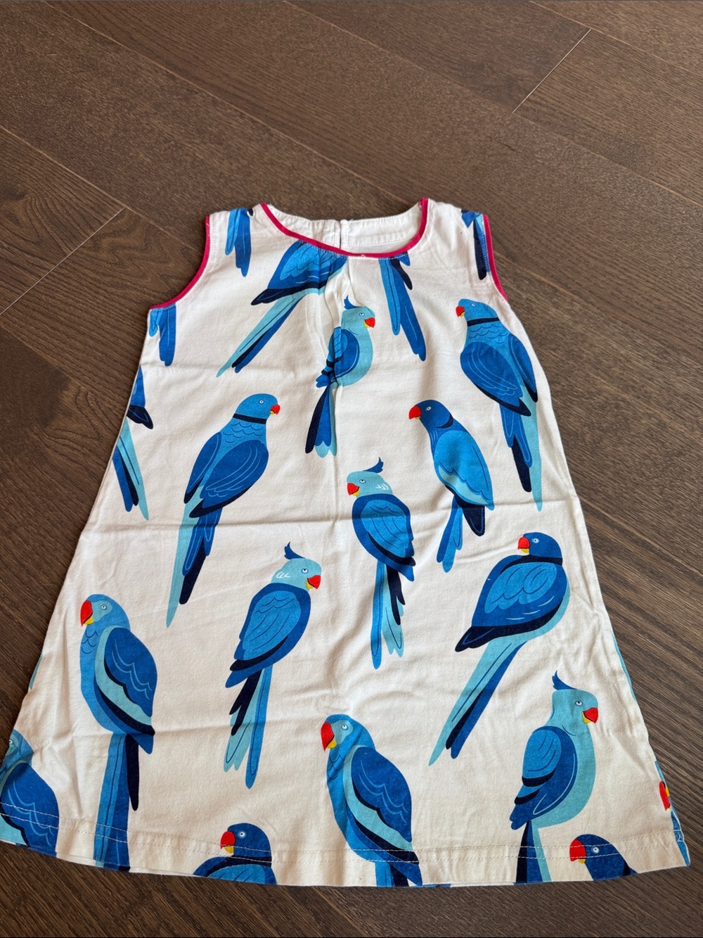 Girls White Dress with Blue Parrot Print